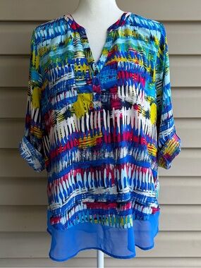 •New Directions• Abstract Print Roll Tab Sleeve Tunic Blouse - Size XL